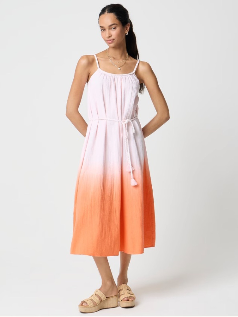 J. Crew Factory Pink to Orange Ombre Midi Dress Gauze Braided Vacation NWT XS